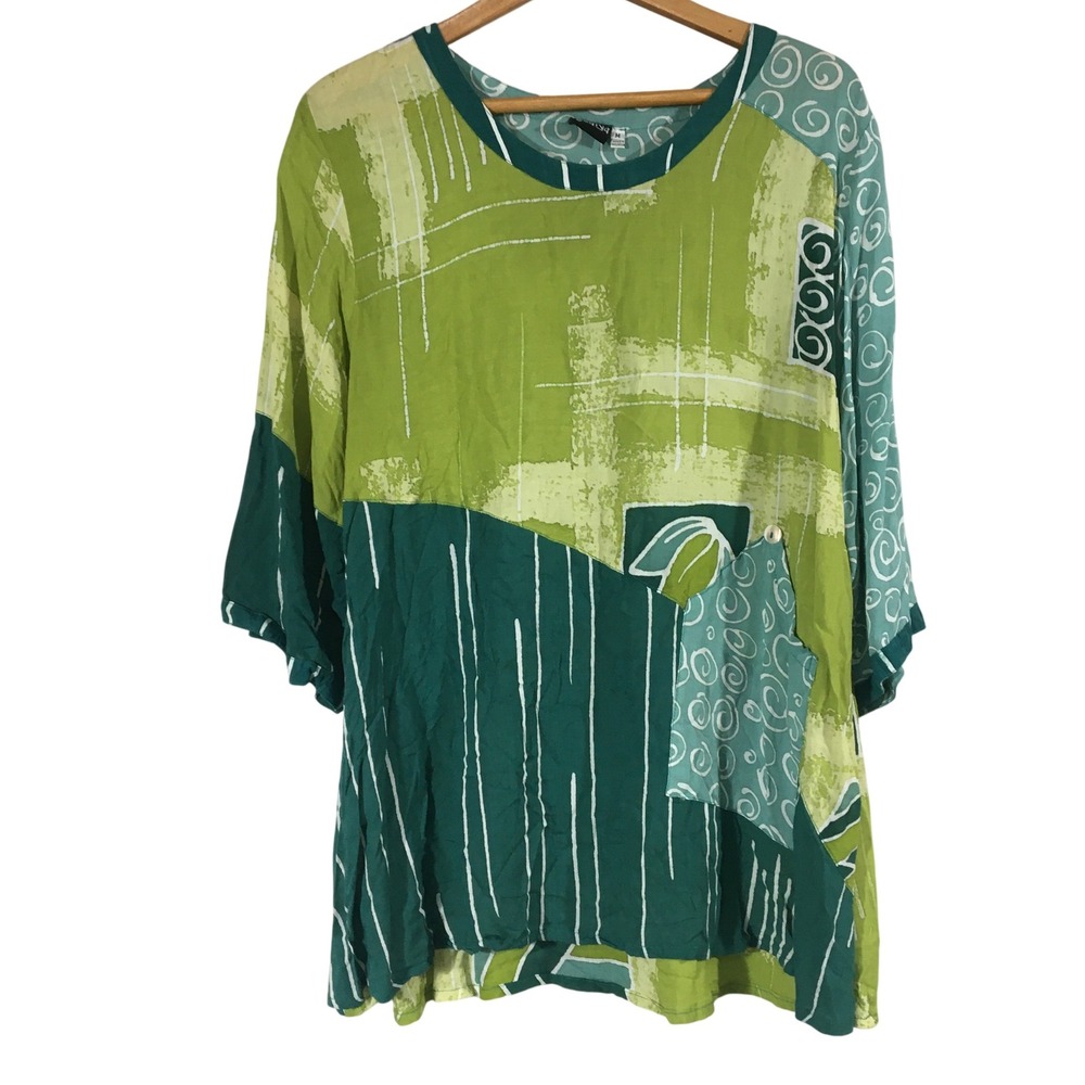 Iguana M Green Patchwork Abstract Print Rayon Blouse Top‎